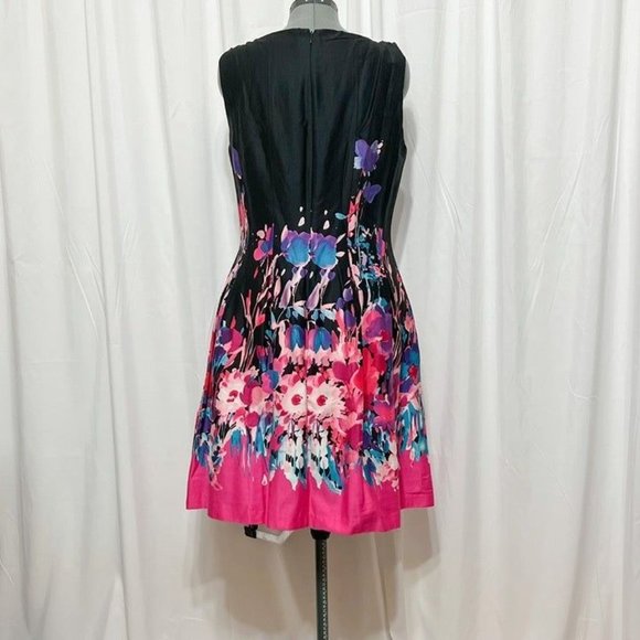 CHETTA B Sz 14 Black in  Bright Floral Print  Sleeveless Pleated Lined Dress - Picture 4 of 5